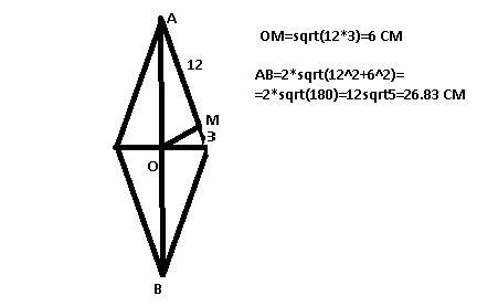 Перпендикуляр проведений з точки перетину діагоналей ромба до його сторони ділить її на відрізки зав