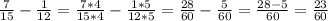 \frac{7}{15}- \frac{1}{12} = \frac{7*4}{15*4}- \frac{1*5}{12*5} = \frac{28}{60} - \frac{5}{60} = \frac{28-5}{60} = \frac{23}{60}