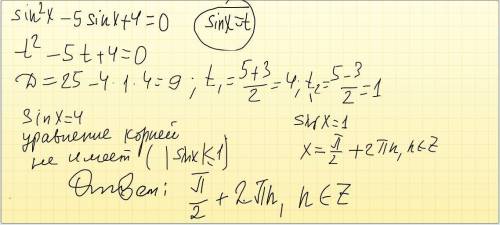 Решите уравнение sin2 x– 5sinx+4=0* дроби запишите в виде x/y, где х – числитель, у – знаменатель.
