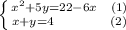 \left \{ {{x^2+5y=22-6x\,\,\,\,\,\,(1)} \atop {x+y=4\,\,\,\,\,\,\,\,\,\,\,\,\,\,\,\,\,\,\,\,\,\,\,\,\,(2)}} \right.