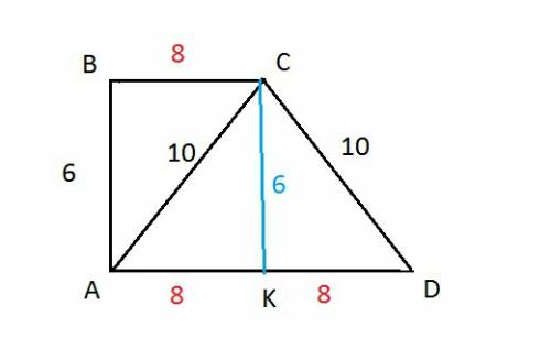 Боковые стороны прямоугольной трапеции равны 6 и 10 см.меньшая диагональ тропеции равна боковой стор