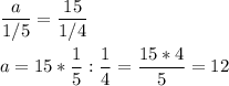 \displaystyle \frac{a}{1/5}= \frac{15}{1/4}\\\\a=15* \frac{1}{5}: \frac{1}{4}= \frac{15*4}{5}=12