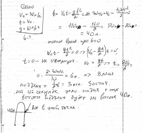 V= 30 м/с қпен вертикаль жоғары лақтырылған дененің қозғалыс басталғаннан кейін 4 с уақыттағы орын а