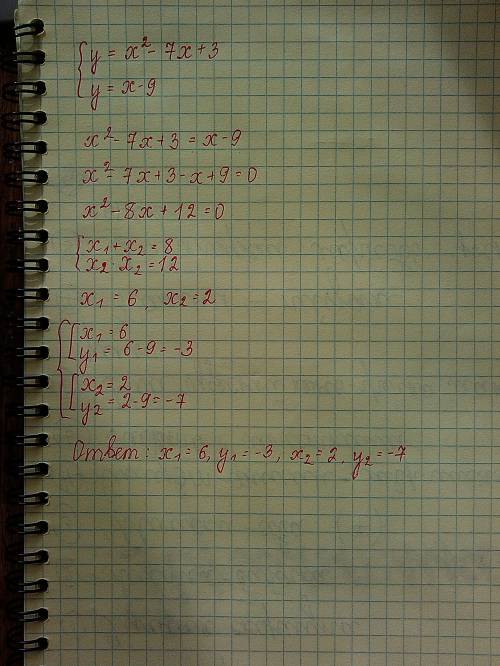 Решите систему уравнений у=х^2-7х+3 у=х-9