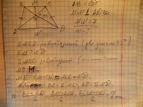 Вравнобедренной трапеции диагонали перпендикулярны. высота трапеции равна 7. найдите среднюю линию