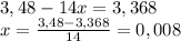 3,48-14x=3,368\\x=\frac{3,48-3,368}{14}=0,008
