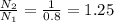 \frac{N_2}{N_1} = \frac{1}{0.8} = 1.25