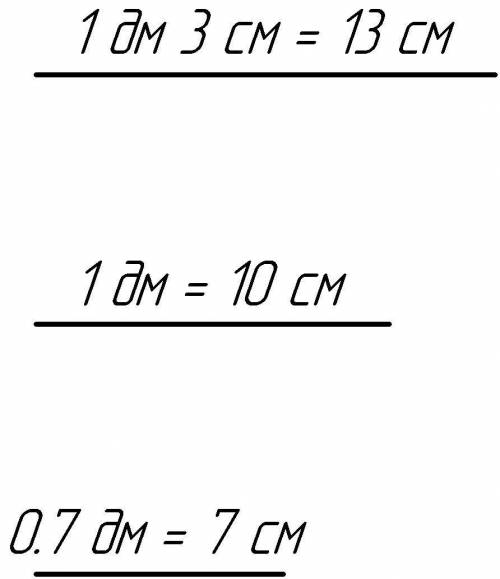 Начерти три отрезка один под другим так, чтобы средний был на 3 см короче верхнего и на 3 см длиннее