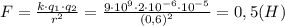 F= \frac{k\cdot q_1\cdot q_2}{r^2}= \frac{9\cdot10^9\cdot2\cdot10^{-6}\cdot 10^{-5}}{(0,6)^2}=0,5(H)