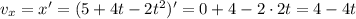 v_x=x'=(5+4t-2t^2)'=0+4-2\cdot2t=4-4t