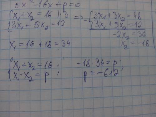 Известно, что x1 и x2 - корни уравнения 5x^2 - 16x + p = 0 причем 3x1 + 5x2 = 12. найдите p. решите