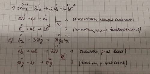Сделайте , , окислительно-восстановительную реакцию для : 1. nh3 + o2 -> n2 + h2o 2. n2 + mg ->