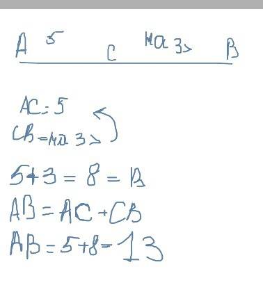 Точка c лежить миж a и b. ac=5 см, видстань bc-на 3 см бильша. знайдить ab