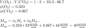V(O_{2}):V(CO_{2})=1:2=33.3:66.7\\\phi(O_{2})=0.333\\\phi(CO_{2})=0.667\\\\M_{cp}=\phi_{1}M_{1}+\phi_{2}M_{2}... \\M_{cp}=0.333*32\frac{gram}{mol} +0.667*44\frac{gram}{mol}=40\frac{gram}{mol}
