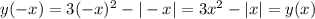 y(-x)=3(-x)^2-|-x|=3x^2-|x|=y(x)