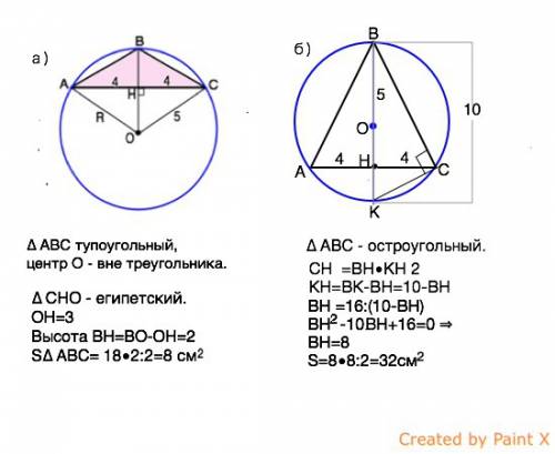 Дано: ∆авс1.окружность,описанная около равнобедренного треугольника.2.ас=8,r=5.найти площадь