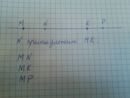 Отметьте в тетради точки m и k и проведите через них прямую. отметьте на отрезке mk точку n. принадл