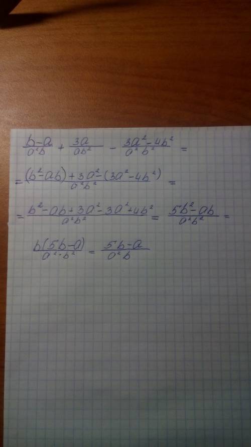 Хелп, преобразуйте в одну дробь выражение: b-a/a^2b+3a/ab^2-3a^2-4b^2/a^2b^2