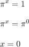 \displaystyle \pi ^x=1\\\\ \pi ^x= \pi ^0\\\\x=0