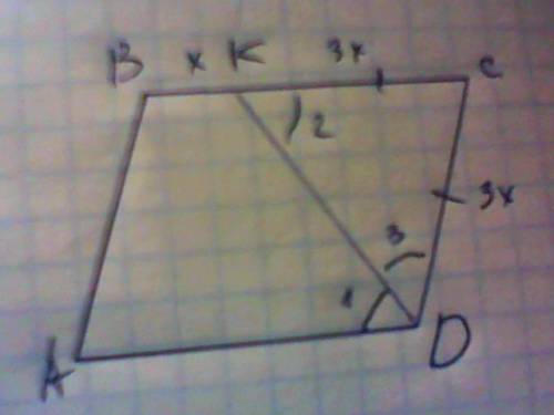 (паралеграмм)биссектриса тупого угла делит его противоположную сторону в отношении 3: 1, считая от в