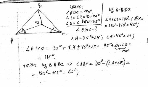 Внутри треугольника abc взято точку d так , что adc=140°. найти угол abc если угол bad=35°,угол bcd=