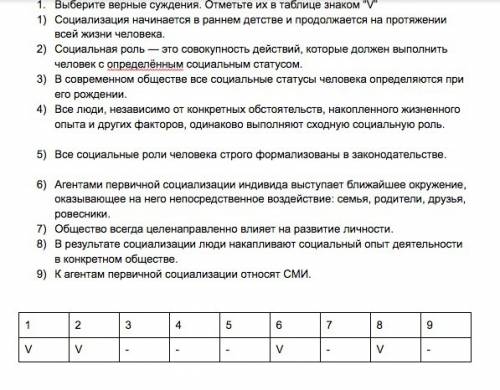 Нужно умоляю выполните . выберите верные суждения. отметьте их в таблице знаком “v” социализация нач