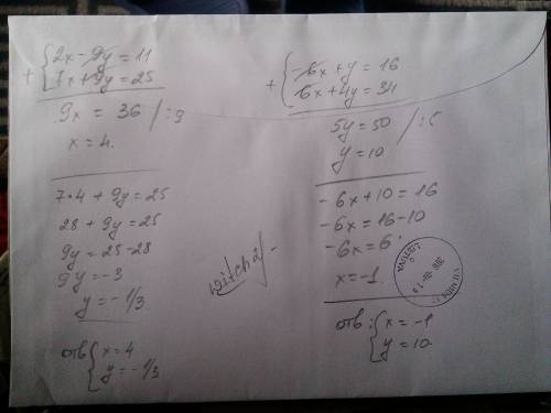 Решите систему уравнений методом сложения 2x-9y=11 7x+9y=25 -6x+y=16 6x+4y=34