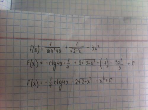 Первообразная f(x)=1/sin^2 4x+ 1/√2-x - 3x^2 f(x)= 2/cos^2·(3x+1)- 3 sin(4-x)+ 2x