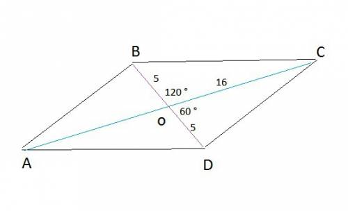Диагонали параллелограмма 32 и 10 см,а угол между ними 120°.найдите стороны паралелограма?
