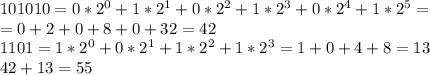 101010=0*2^{0} +1*2^{1} +0*2^{2} +1*2^{3} +0*2^{4} +1*2^{5} = \\ =0+2+0+8+0+32=42 \\ 1101=1*2^{0} +0*2^{1} +1*2^{2} +1*2^{3}=1+0+4+8=13 \\ &#10;42+13=55