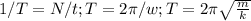 1/T=N/t; T=2 \pi /w; T=2 \pi \sqrt{ \frac{m}{k} }