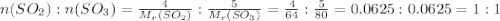 n(SO_{2}):n(SO_{3})=\frac{4}{M_{r}(SO_{2})}:\frac{5}{M_{r}(SO_{3})}=\frac{4}{64}:\frac{5}{80}=0.0625:0.0625=1:1