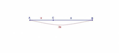 Точка c лежит на прямой ab и разделяет точки a и b. длина отрезка ac в три раза меньше отрезка ab. н
