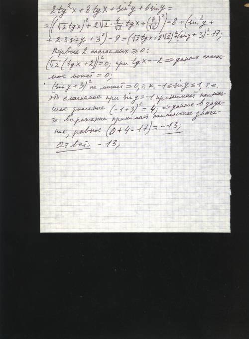 Буду за с объяснением. достаточно. найдите наименьшее значение выражения 2tg^2 x +8tgx + sin^2 y + 6