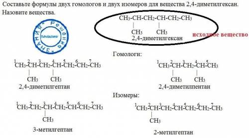 Составьте формулы двух гомологов и двух изомеров для вещества 2,4-диметилгексан. назовите вещества.
