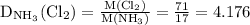 \mathrm{D_{NH_{3}}(Cl_{2})=\frac{M(Cl_{2})}{M(NH_{3})}=\frac{71}{17}=4.176}