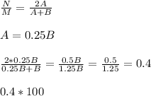 \frac{N}{M} =\frac{2A}{A+B} \\ \\ A=0.25B\\ \\ \frac{2*0.25B}{0.25B+B}=\frac{0.5B}{1.25B}=\frac{0.5}{1.25}=0.4\\ \\ 0.4*100%=40%