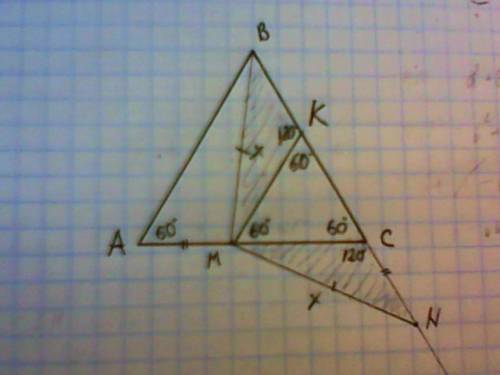 Точку м отметили на стороне ас равностороннего треугольника авс, а на продолжении стороны вс за точк