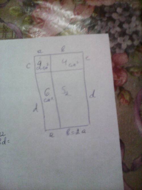 Прямоугольник разделен двумя отрезками на четыре прямоугольника площади трёх из которых 2 см 4 см 6