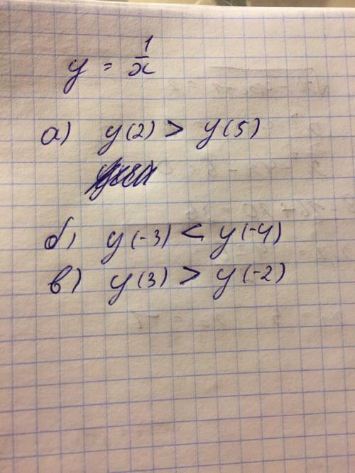 Дана функция y=1\x сравните а)y(2) и y(5) б y(-3) и y(-4) в) y(3) и y(-2)