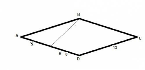 Высота вн ромба авсд делит сторону ад на отрезки ан = 5 и нд= 8 .найти s ромба.