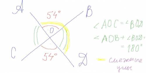 Сумма вертикальных углов аов и соd, образованных при пересечении прямых аd и вс, равна 108 0 . найди
