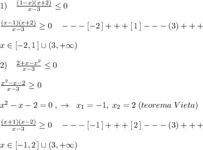 1)\quad \frac{(1-x)(x+2)}{x-3} \leq 0\\\\ \frac{(x-1)(x+2)}{x-3} \geq 0\quad ---[-2\, ]+++[\, 1\, ]---(3)+++\\\\x\in [-2,1\, ]\cup (3,+\infty )\\\\2)\quad \frac{2+x-x^2}{x-3} \leq 0\\\\ \frac{x^2-x-2}{x-3} \geq 0\\\\x^2-x-2=0\; ,\; \to \; \; x_1=-1,\; x_2=2\; (teorema\; Vieta)\\\\ \frac{(x+1)(x-2)}{x-3} \geq 0\quad ---[-1\, ]+++[\, 2\, ]---(3)+++\\\\x\in [-1,2\, ]\cup (3,+\infty )