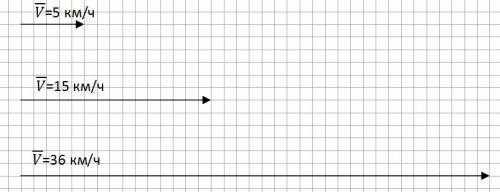 Изобразите графически векторы скорости: 5 км/ч, 15 км/ч, 10 м/с