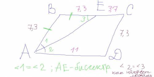 Вдана биссектриса ∠а параллелограмма abcd точка e пересекает сторону bc при этом be=7,3см,ec=3,7см.