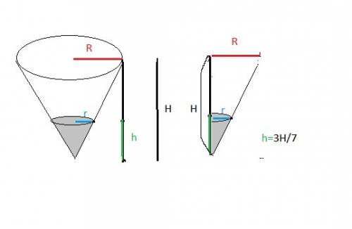 Всосуде, имеющем форму конуса, уровень жидкости достигает 3/7 высоты. объём жидкости равен 270 мл. с