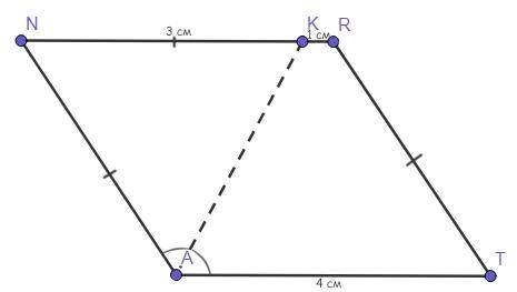 Впараллелограмме anrt биссектриса ak делит противоположную сторону на части: nk=3 см, kr=1 см. найди