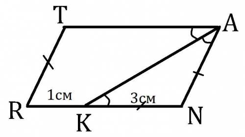 Впараллелограмме anrt биссектриса ak делит противоположную сторону на части: nk=3 см, kr=1 см. найди