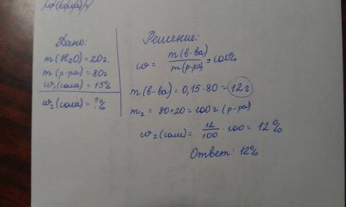 Массовая доля соли в растворе, полученном при добавлении 20 г воды к 80 г 15%-ного раствора, равна с