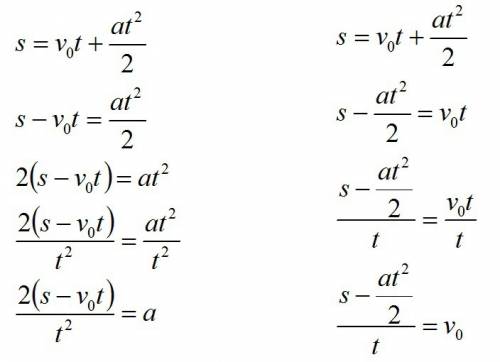 Преобразуйте формулу s=v0t+at2/2 к виду. a, v 0